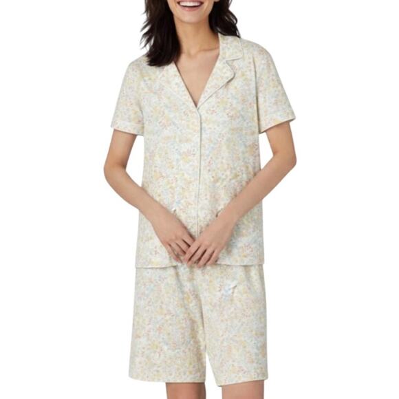 Lauren Ralph Lauren Black Label Pajama Set L Bermuda Shorts Notch Collar Floral - Picture 1 of 16